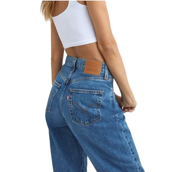 LEVI'S X FREE PEOPLE High Loose Tapered Jeans Hold My Purse Med Blue Wash - Picture 2 of 15